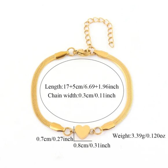 3/$35 Golden Heart Snake Chain Charm Bracelet Gold Plated Stainless Steel - Picture 4 of 6